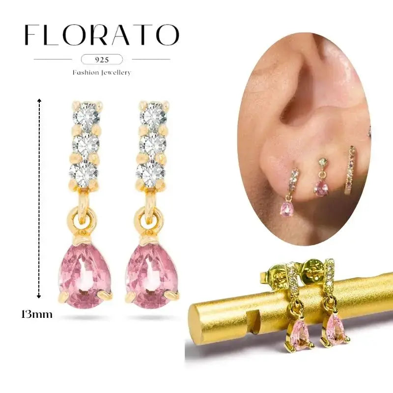 FloRato 925 sterling silver pink zircon drop earrings, gold-tone setting, pair
