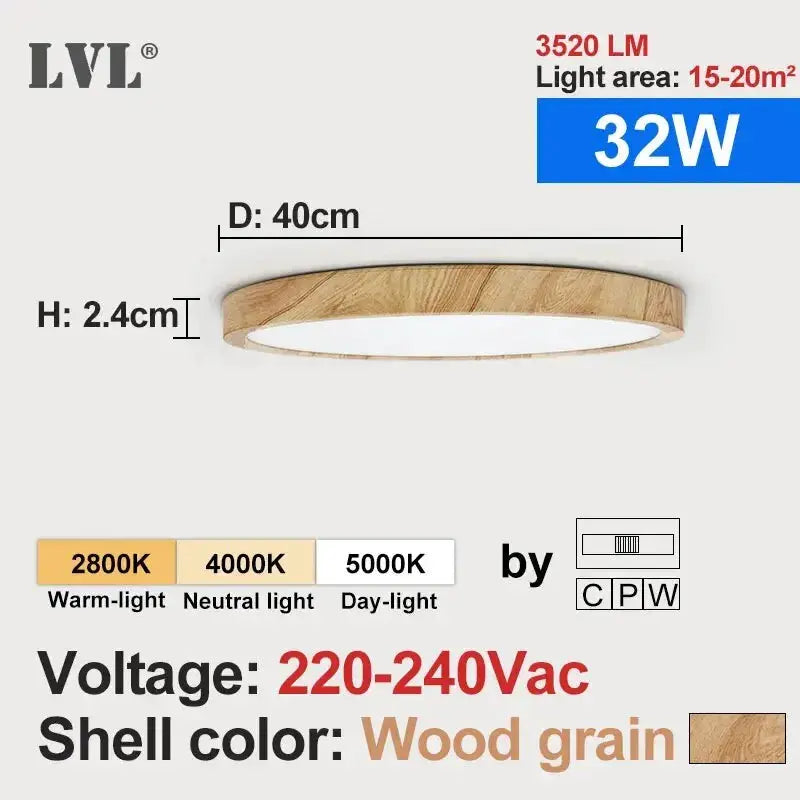 LVL wood-grain and white round flush ceiling light, 40cm dia, 32W, 220-240V, 3-in-1 lighting colors