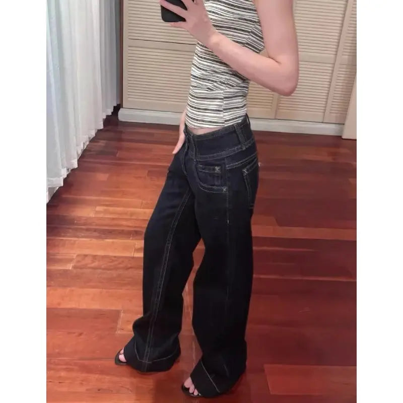 Women Denim Jeans Low Waist Straight Wide Leg Button Blue Y2K Style
