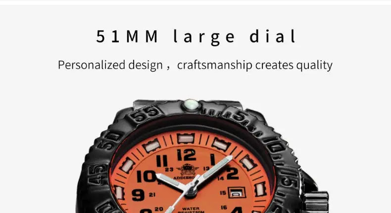 Addies men's military sport watch with orange 51mm dial, black rugged bezel, nylon/steel strap, water resistant.