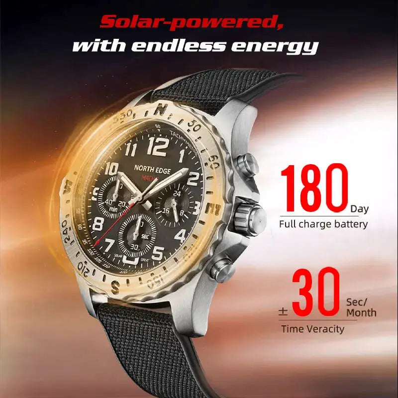 North Edge Mach 2 solar-powered men's watch, stainless steel case, black dial, black fabric strap.