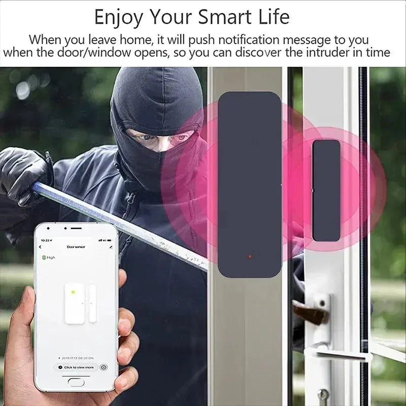 Zigbee WiFi door/window entry sensor by Simples Market; white dual‑part magnetic alarm shown with smartphone app