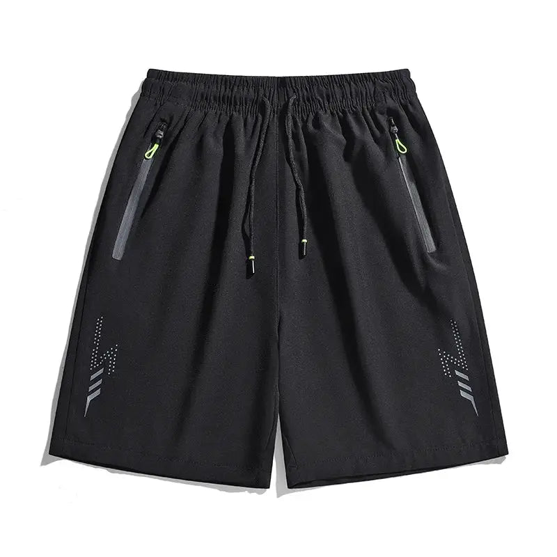 Men's quick-dry running shorts with drawstring and zip pockets, black with neon green zipper pulls.