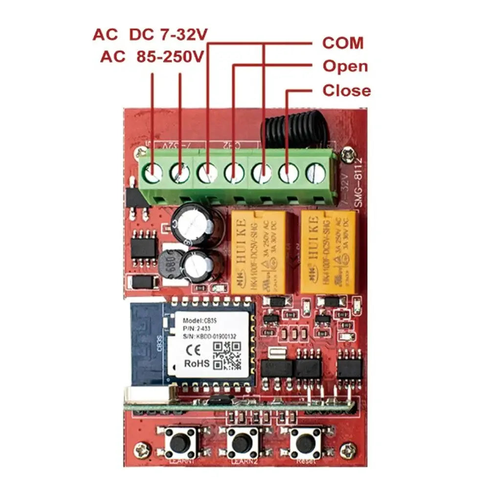 Smart WiFi garage door switch 2-channel receiver module on red PCB
