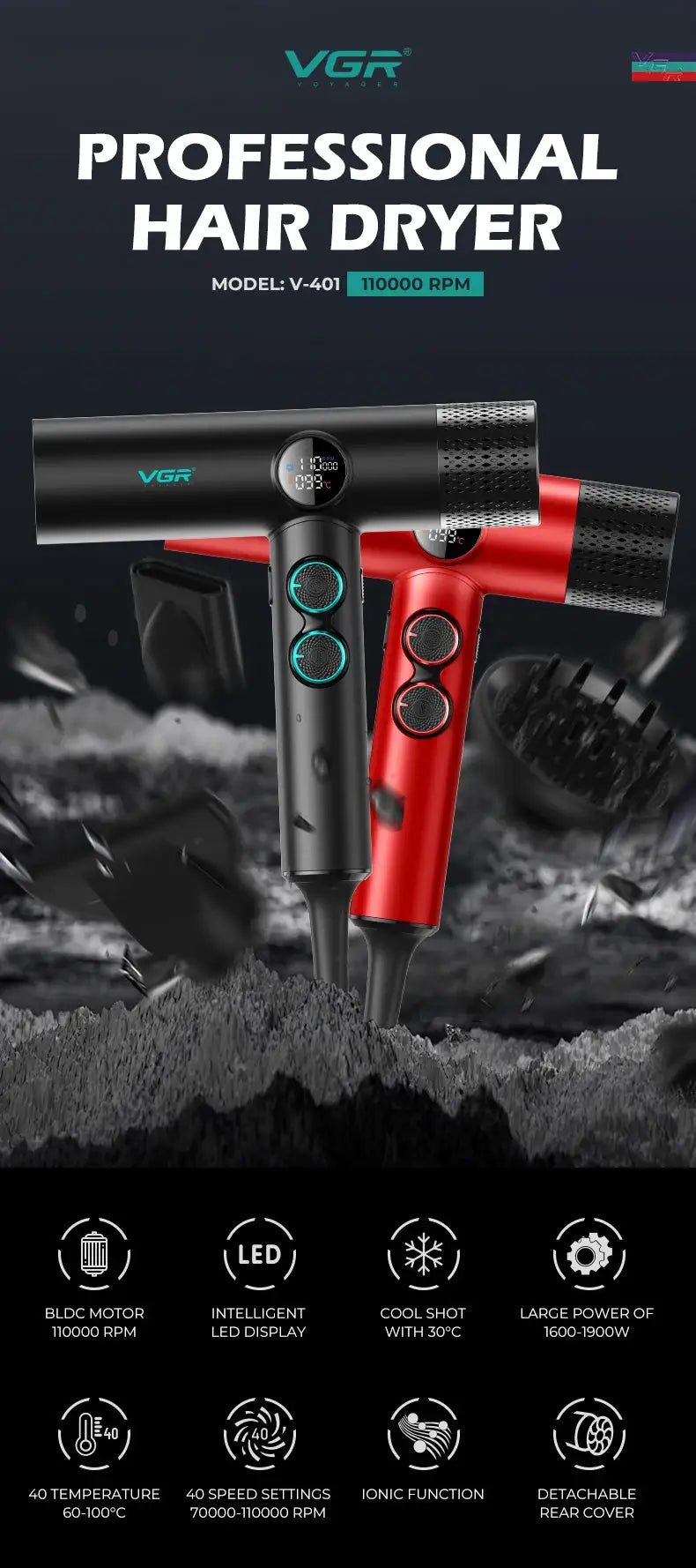 VGR professional hair dryers, two units in black and red, model V-401, 110000 RPM
