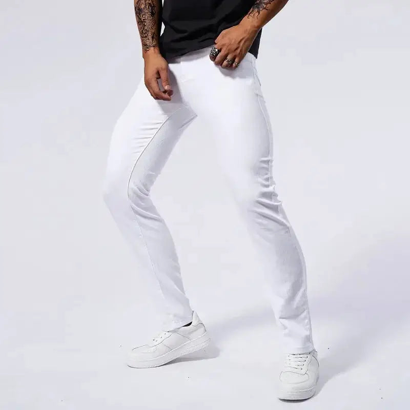 Mens White Casual Jeans Slim Fit Straight Denim Pants Streetwear