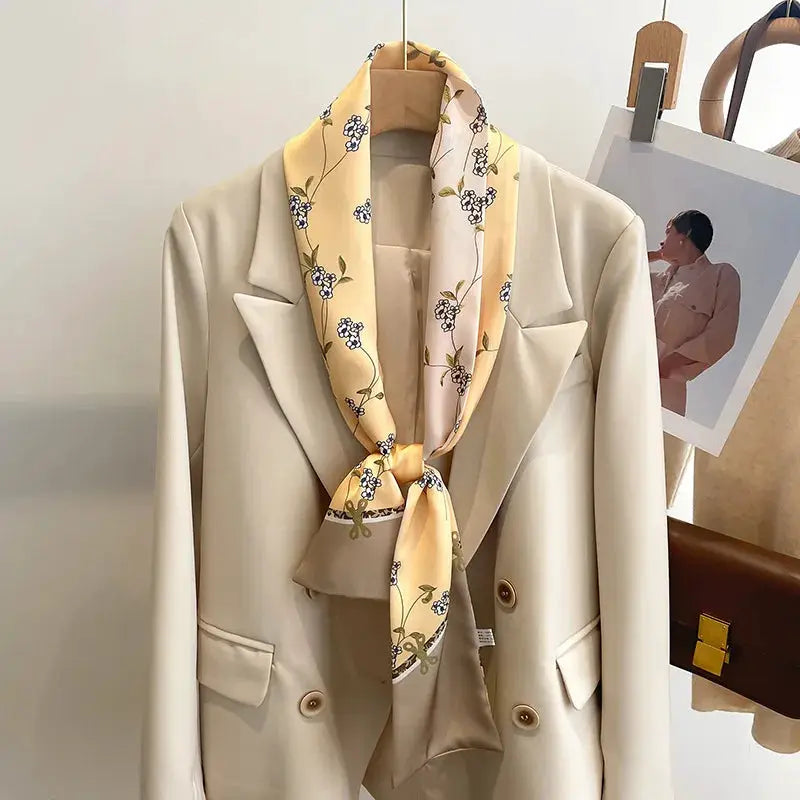 LuxeSilk Silk Feel Printed Design Scarf Versatile Long Narrow Silk Shawl For Fashionable Styles