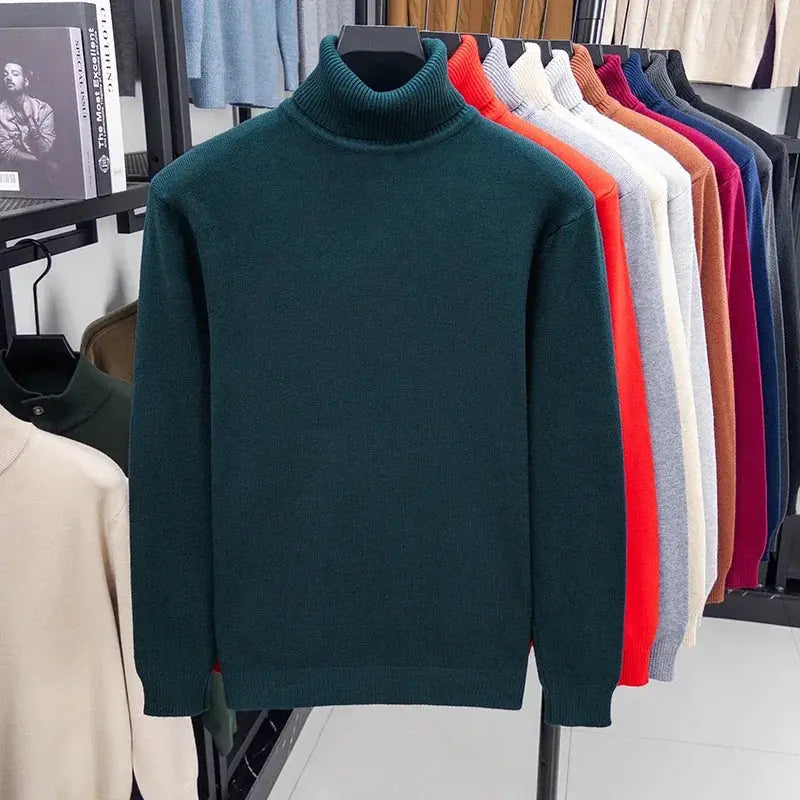 Simples Market men's teal knitted turtleneck sweater, slim fit long sleeve anti-pilling pullover on rack with color options