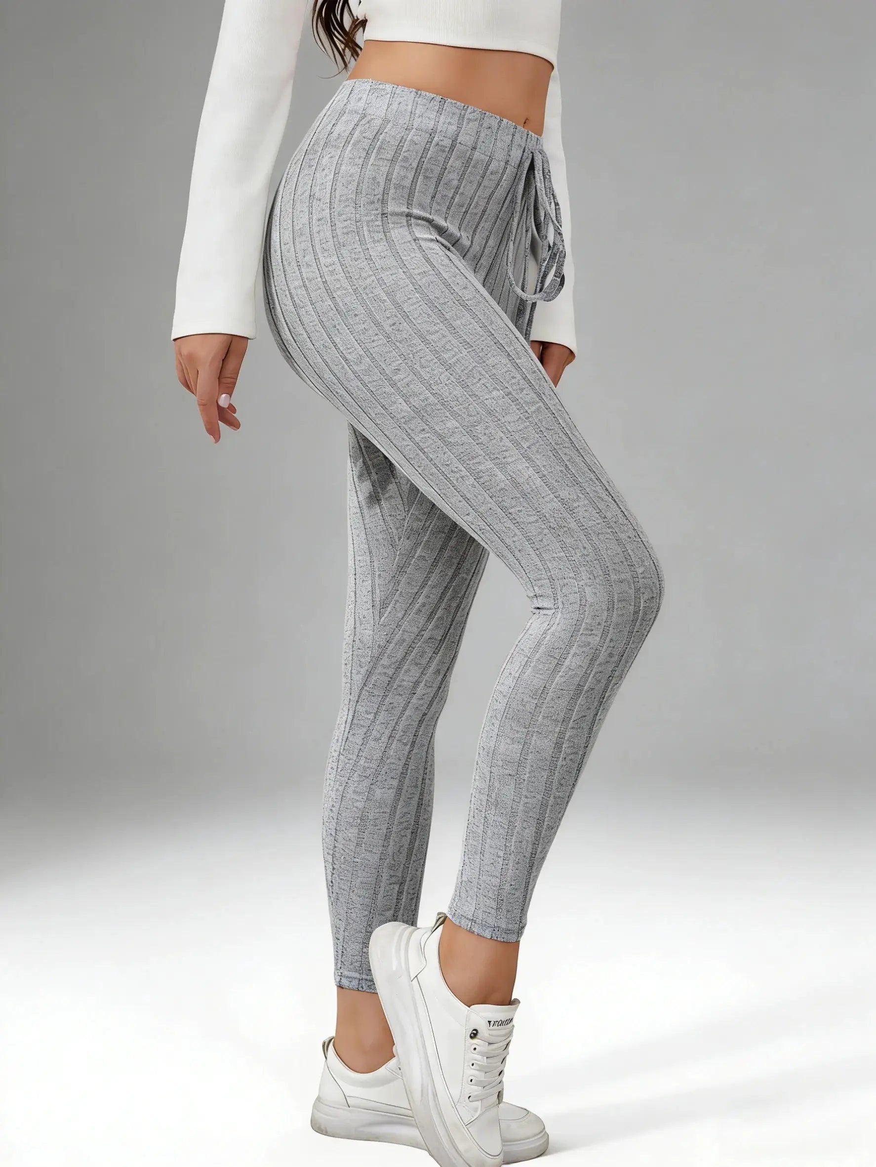 Women's gray striped knit leggings with elastic drawstring waist for casual wear Simples Market
