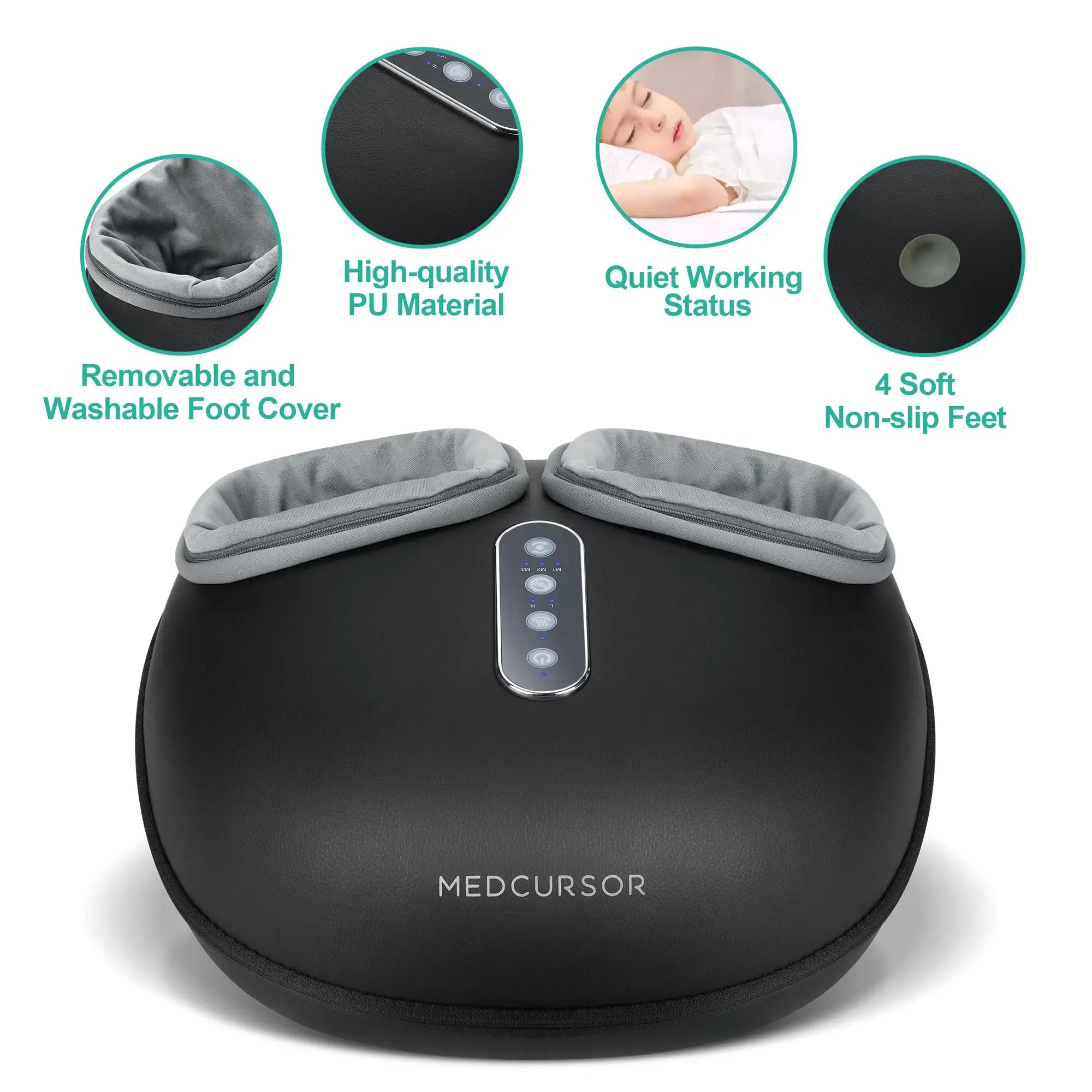 Medcursor shiatsu foot massager in grey PU with heat and removable foot cover; four non-slip feet.