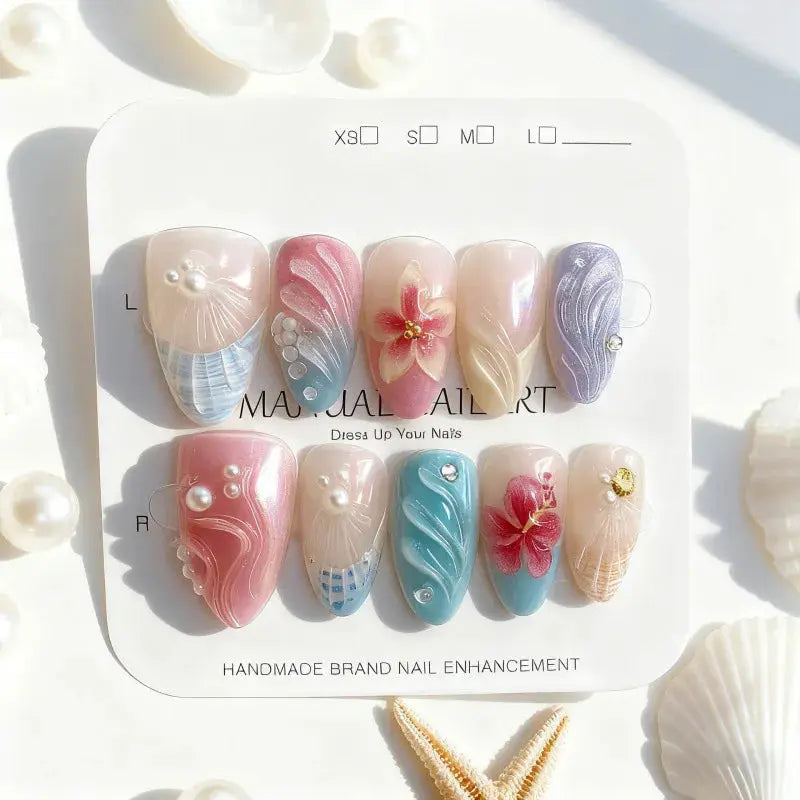 GlamNail Pink Almond Press On Nails Full Coverage Carved Flower 3D Ripple French Tips Golden Pearl Finish