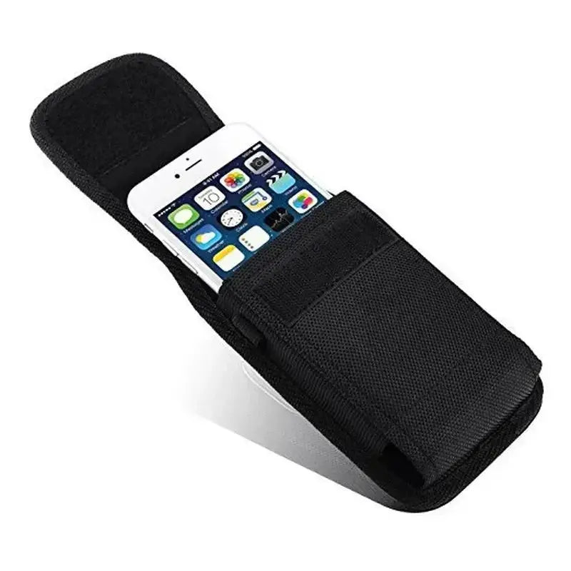 Phone belt pouch, black nylon vertical design with waist clip for universal phones