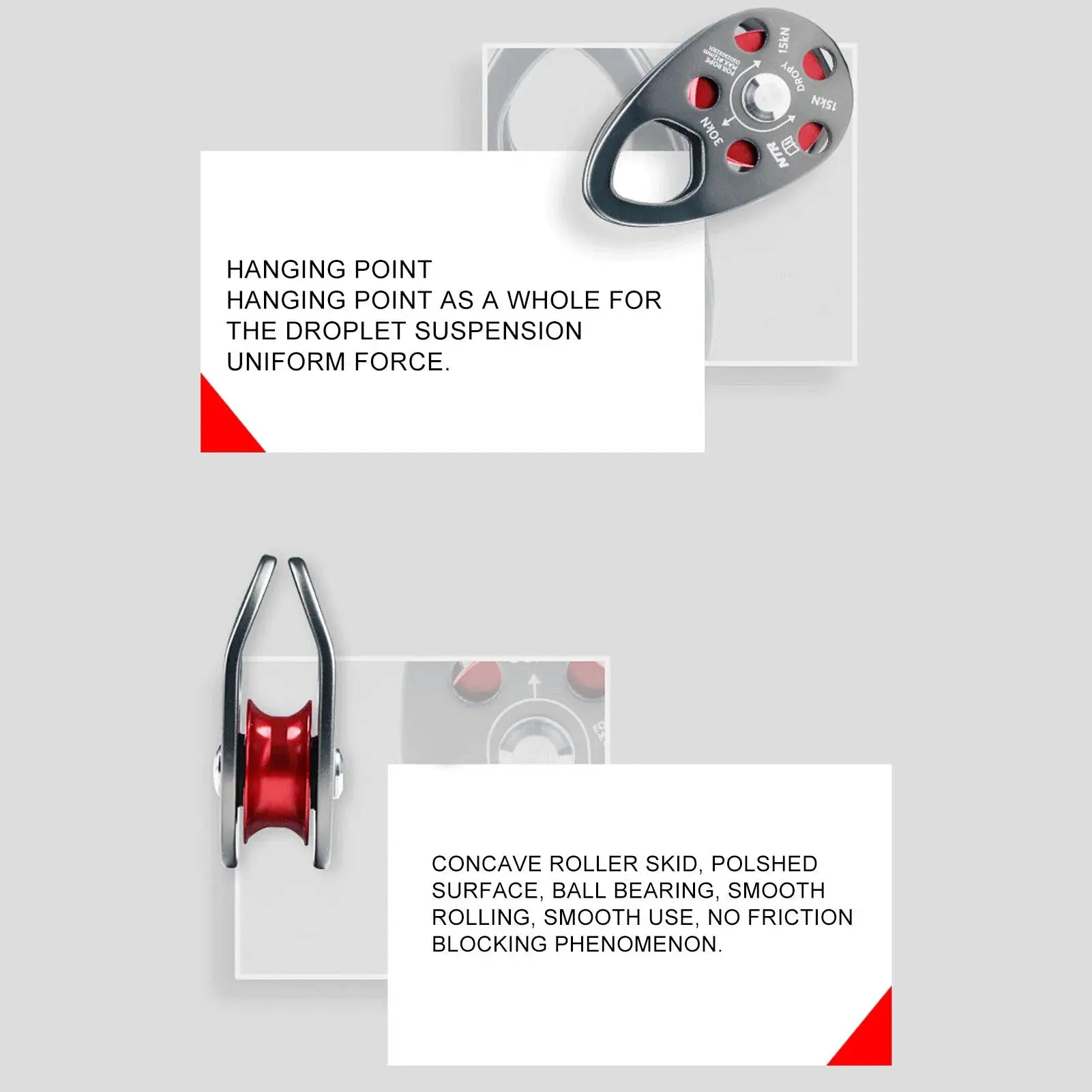 Simples Market portable aluminum climbing pulley, single fixed, 20 kN load for rock climbing.