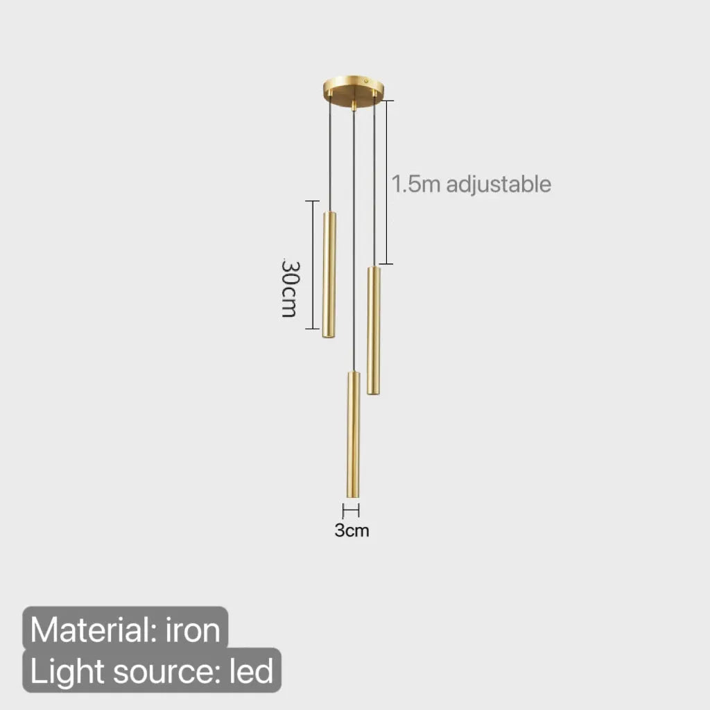 Simples Market minimalist pendant lights set of three, gold iron cylinders, LED lighting, adjustable cords