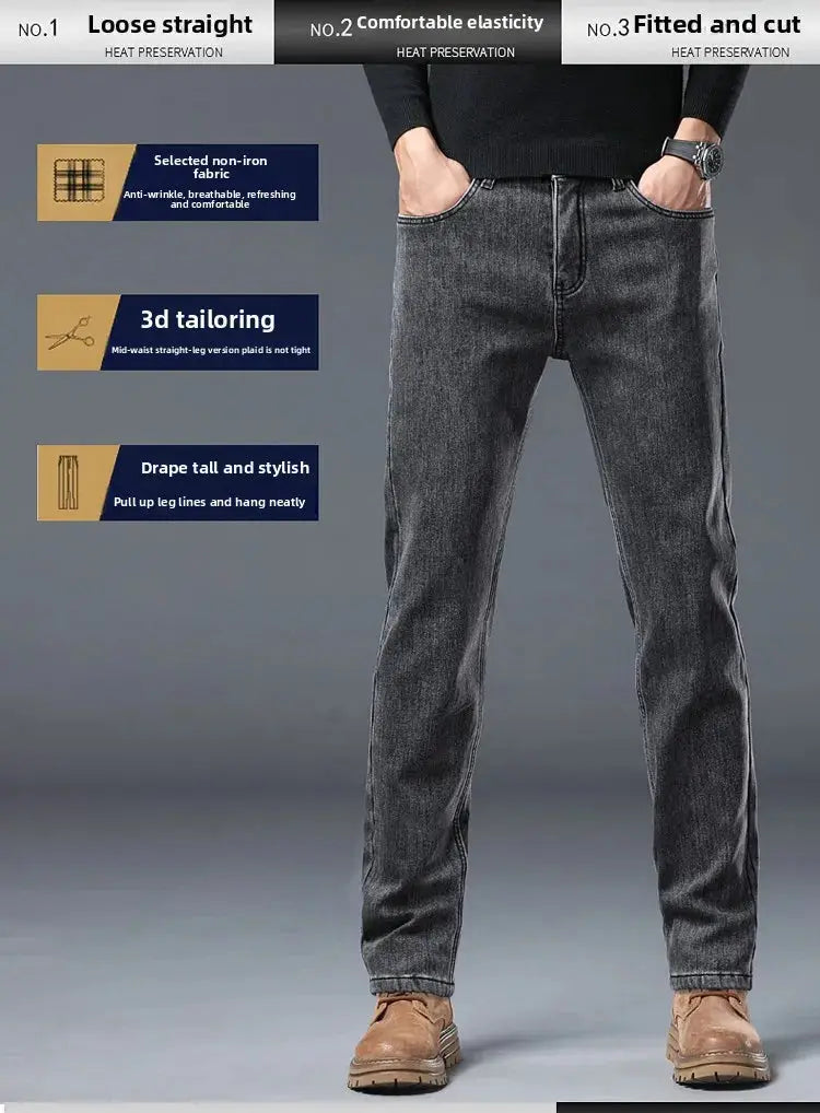 Simples Market men's winter-warm grey denim jeans, slim-straight fit