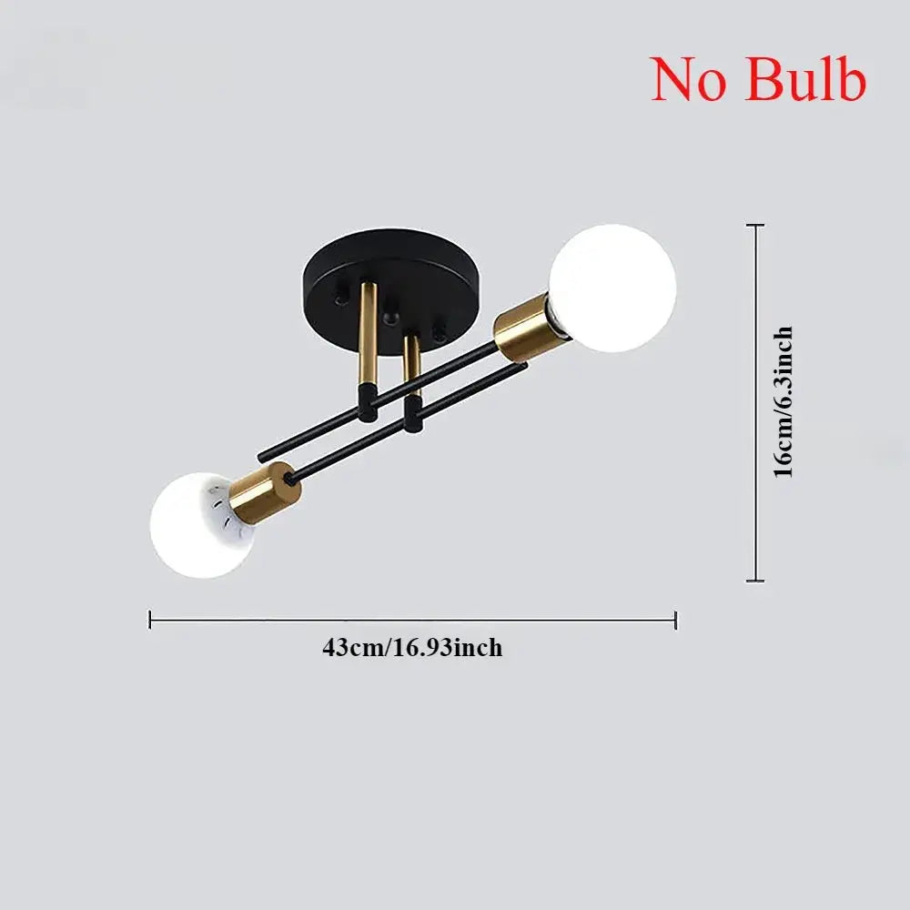 Vintage E27 ceiling lamp with double black and gold heads and white globes