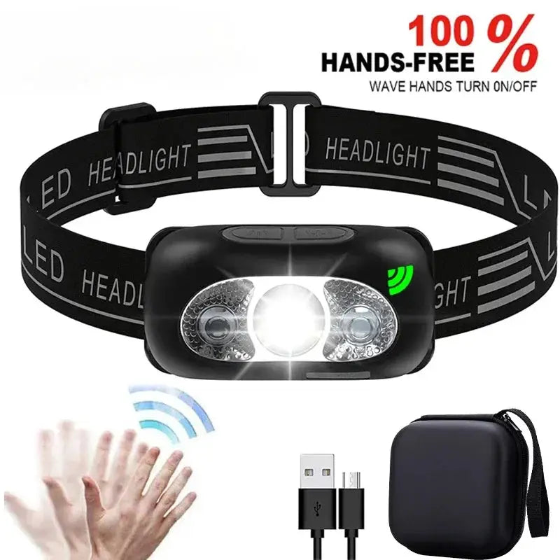 Strong Light Sensor USB C Rechargeable LED Headlamp Hands Free Portable For Camping And Outdoor Activities