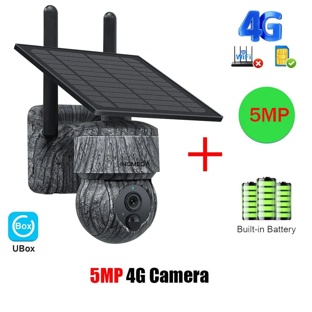 INQMEGA 5MP 4G solar PTZ CCTV camera with solar panel and built-in battery