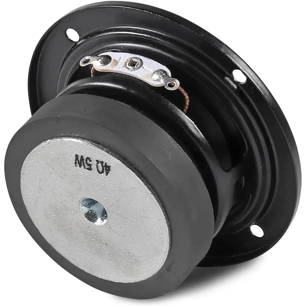 63mm round speaker driver with black frame and silver magnet plate, back view