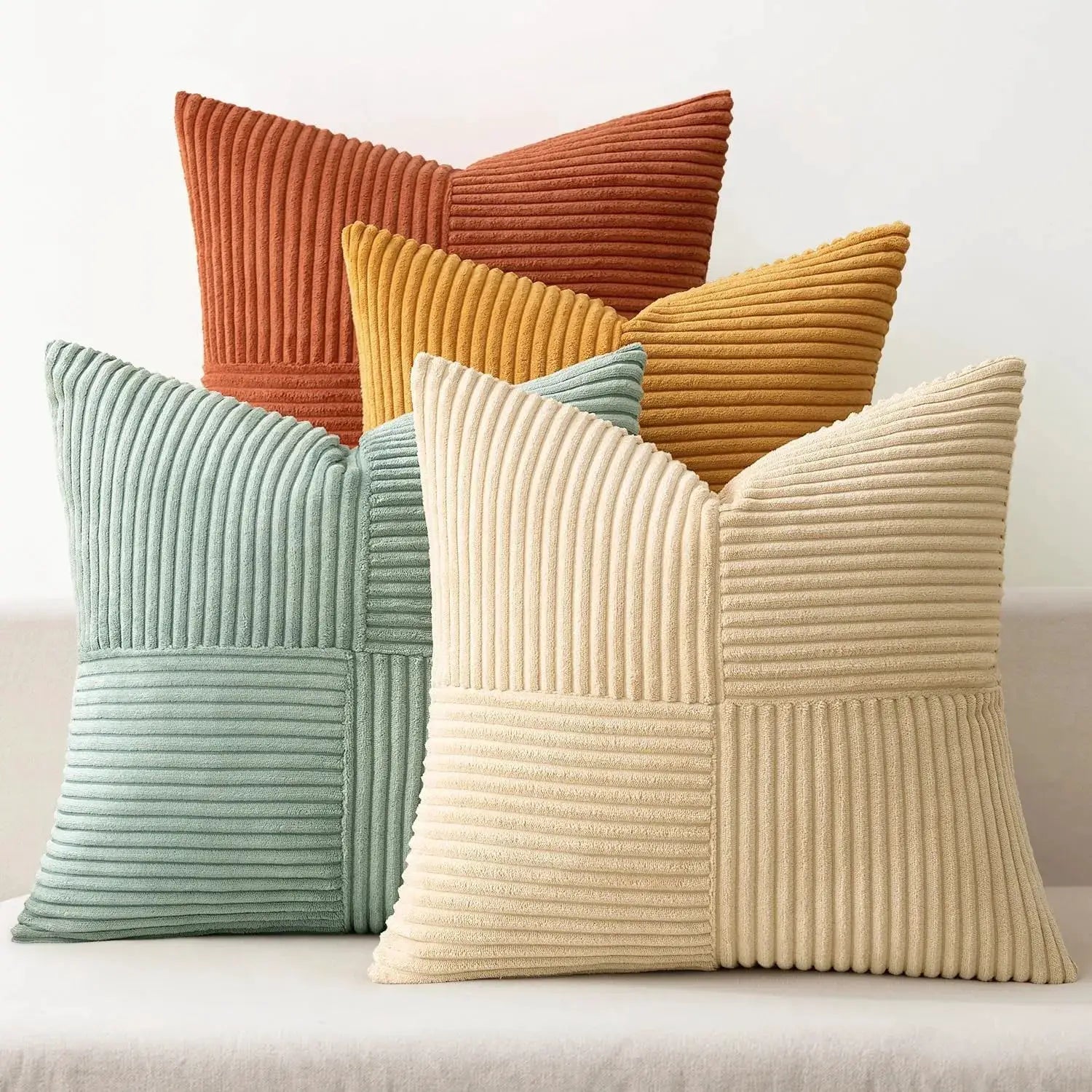 Rust Boho decorative throw pillow covers, 18x18, corduroy patchwork in rust, mustard, sage, cream, teal (5-pack).