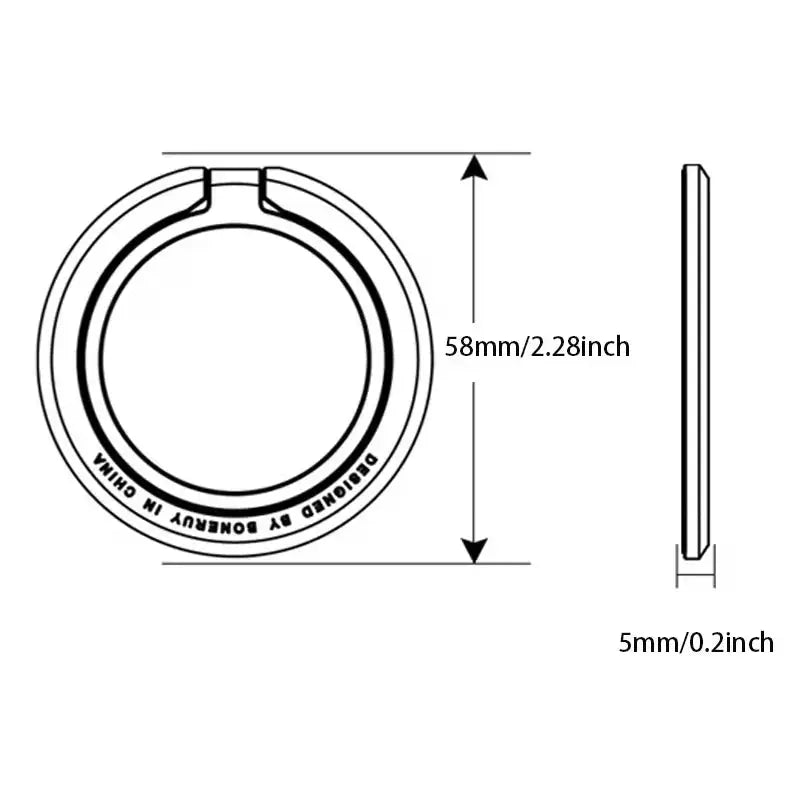 Simples Market circular magnetic phone ring holder, 58mm diameter, 5mm thick, kickstand compatible with iPhone MagSafe.