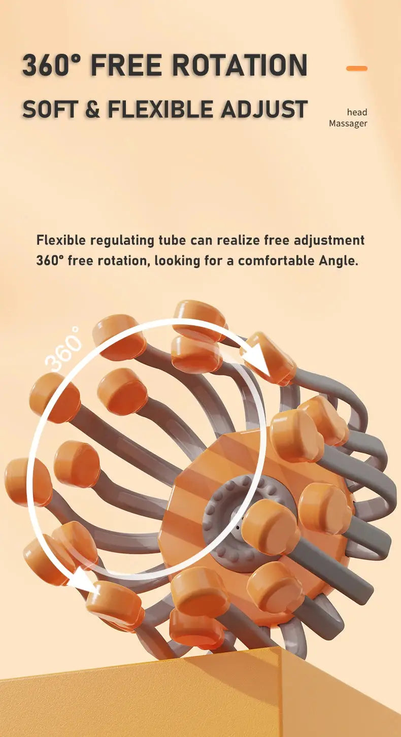 20-head orange scalp massager with gray flexible arms, 360° rotation