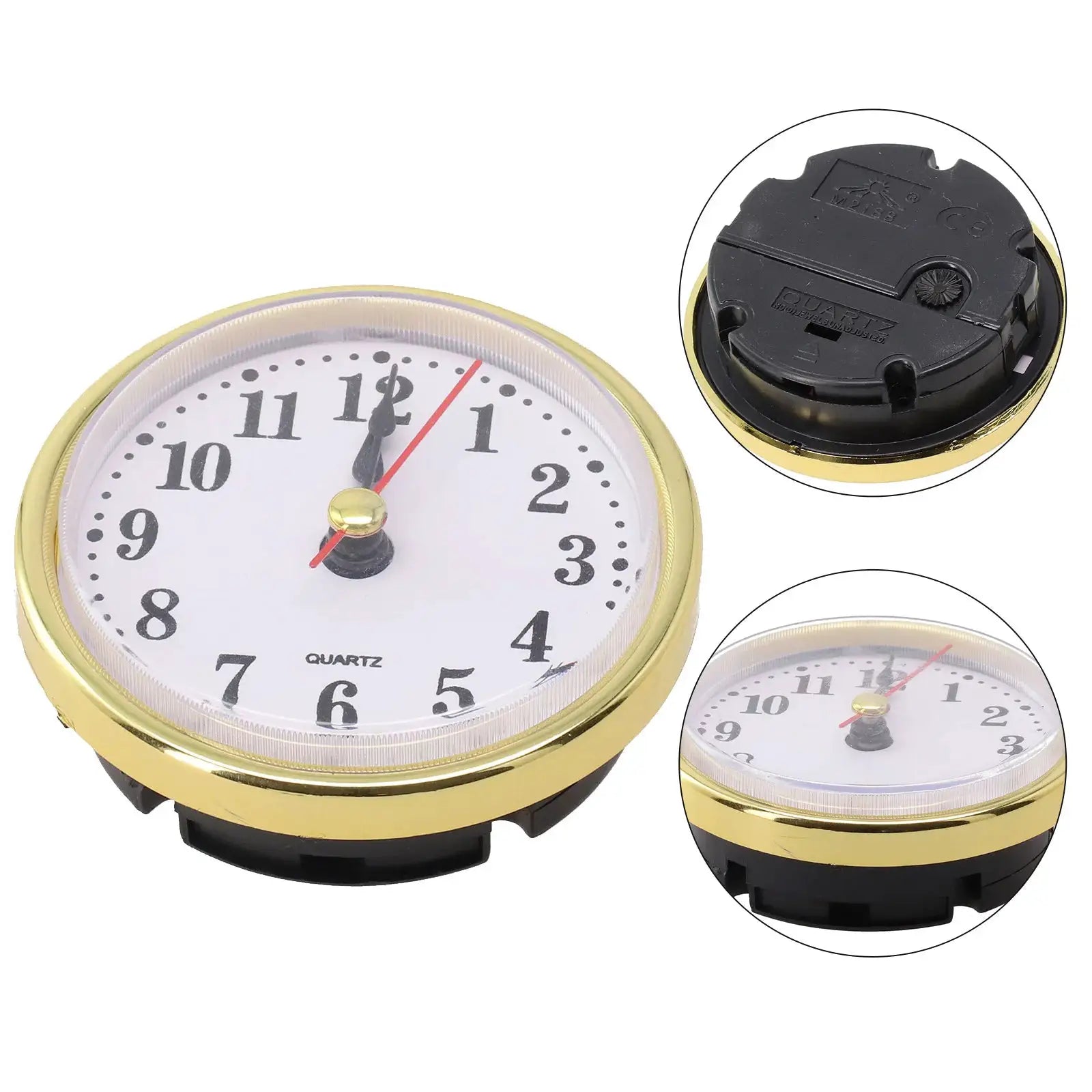 65mm round wall clock insert with gold bezel, quartz movement, white dial and black Arabic numerals