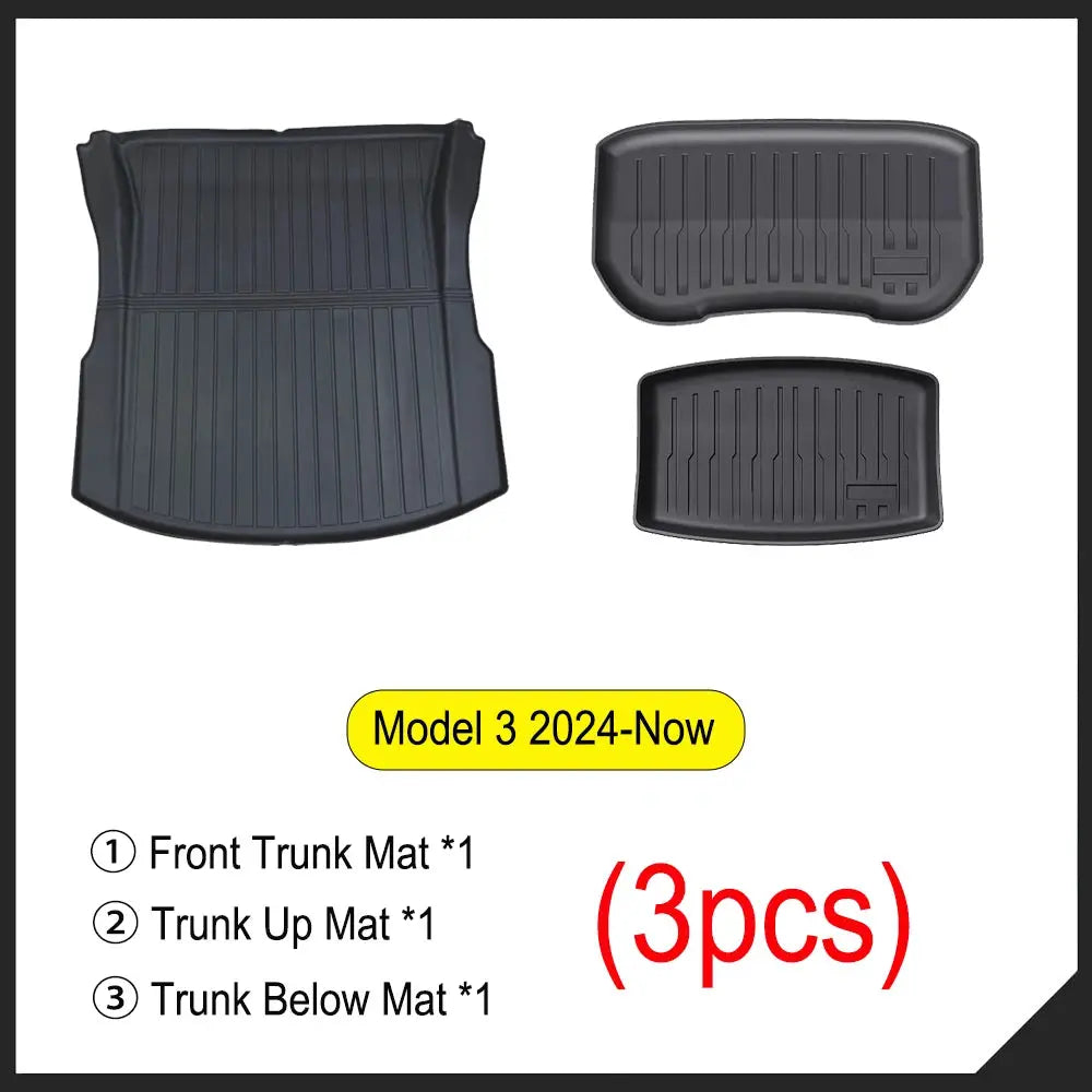 Simples Market 3-piece black TPE trunk mat set for Tesla Model 3 (2024–Now): front, upper, and lower trunk mats