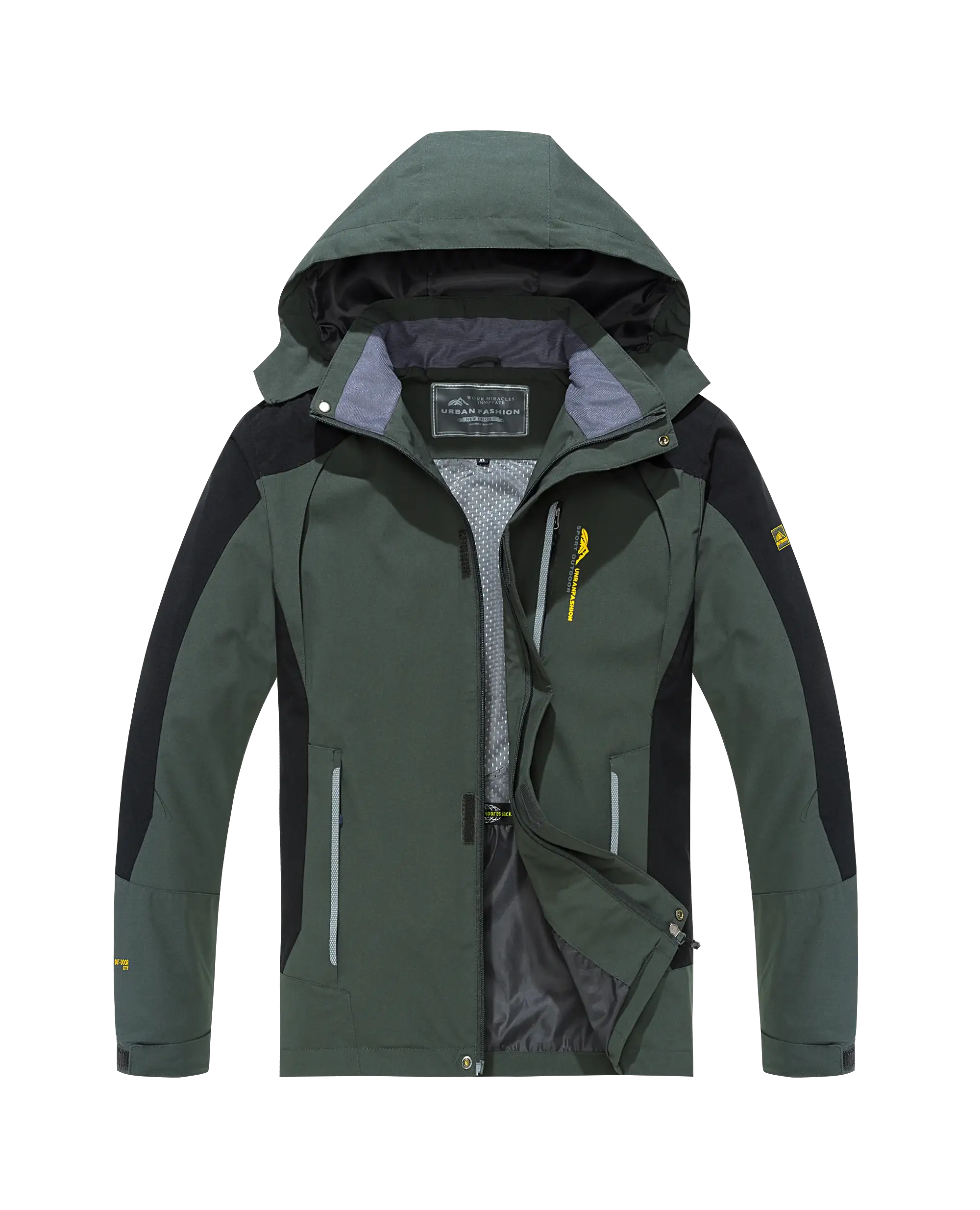 Men's waterproof hiking jacket with hood in olive green and black panels, front zipper and zip pockets.