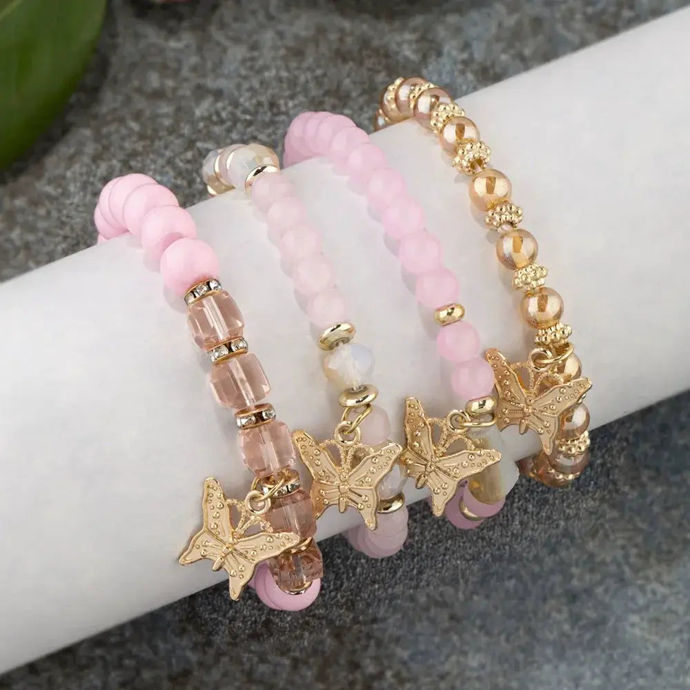 4 Pcs Trendy Butterfly Beaded Bracelet Set For Women Pink Acrylic Beads Elastic Chain Bangles Party Jewelry Gift
