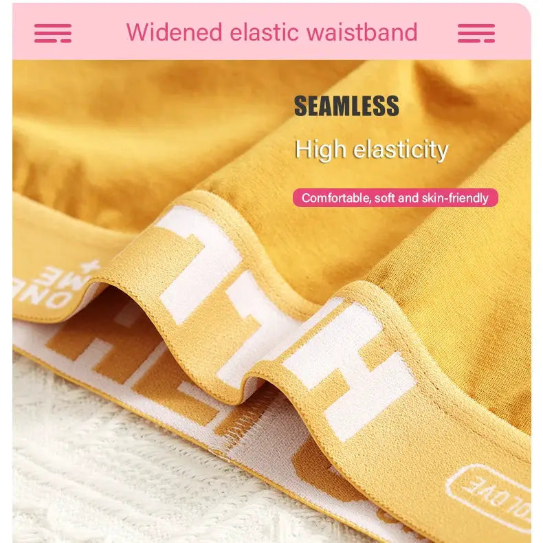 3pc set women's cotton boyshorts; yellow waistband with white lettering, breathable soft underwear