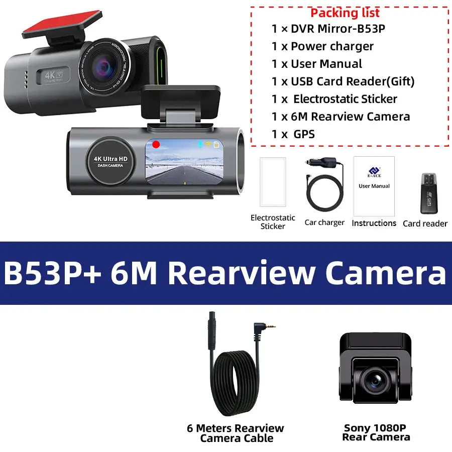 Simples Market 4K dash cam with GPS, WiFi and night vision; black dual-camera setup (front and rear)