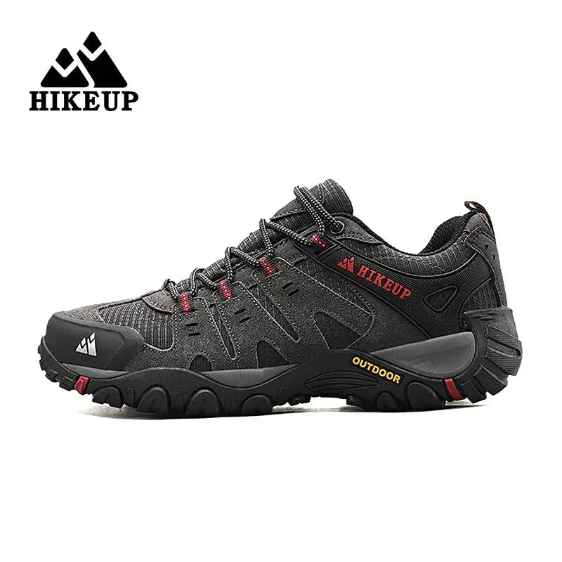 HIKEUP men's hiking shoes in black suede and mesh, red accents, rugged outsole for outdoor trekking sneakers