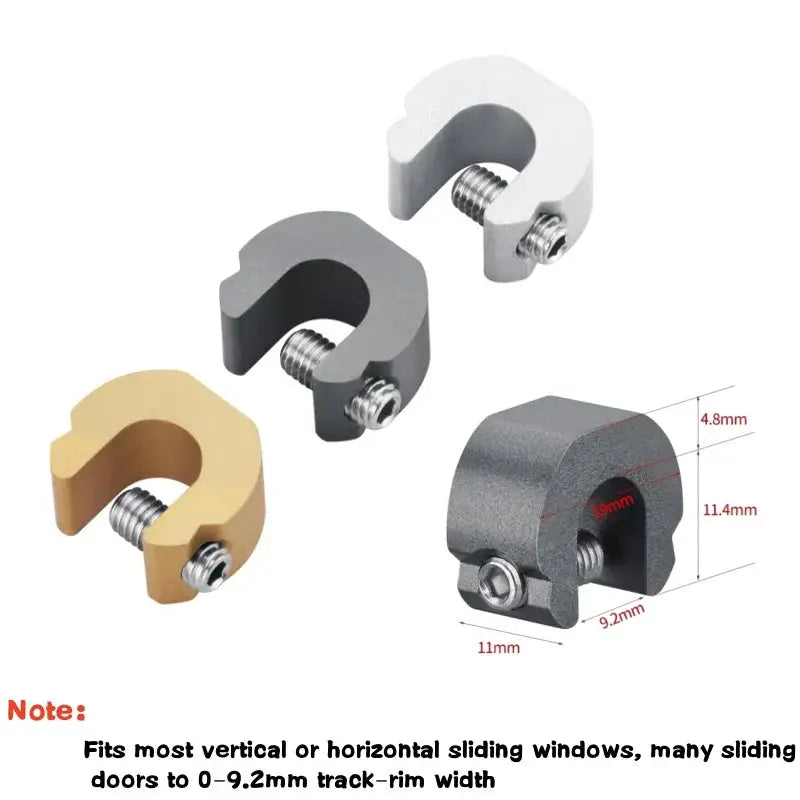 Set of four aluminum alloy window lock stoppers with screws in gold, white, light gray and dark gray