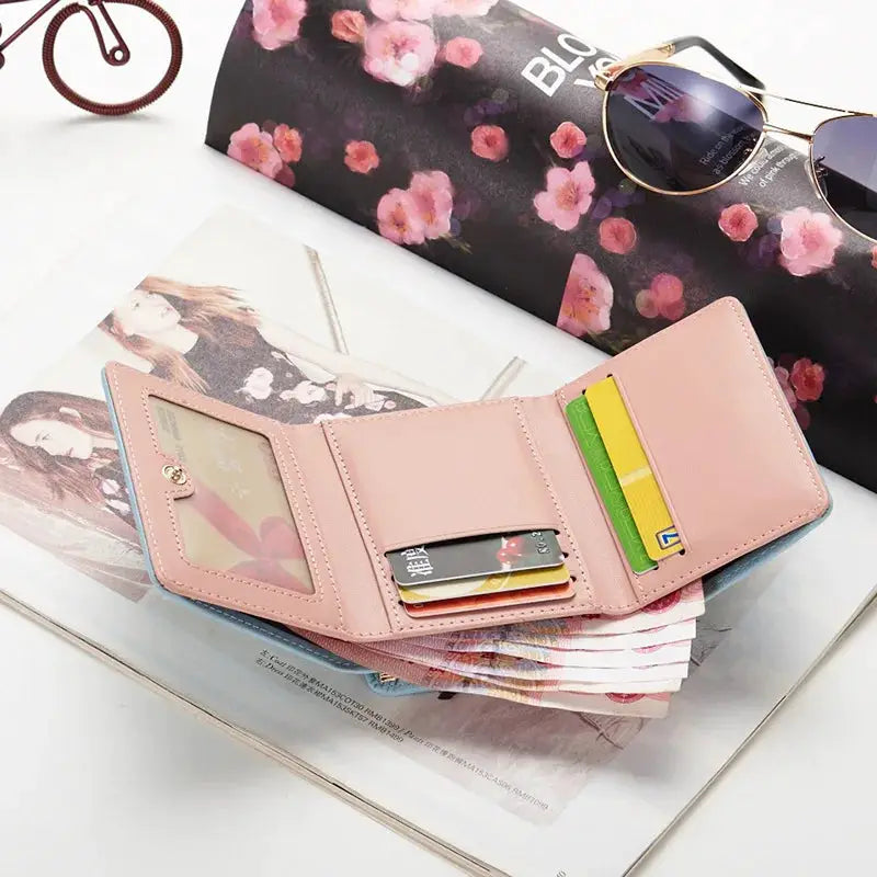 Wallet pink folding mini with clear ID window and card slots