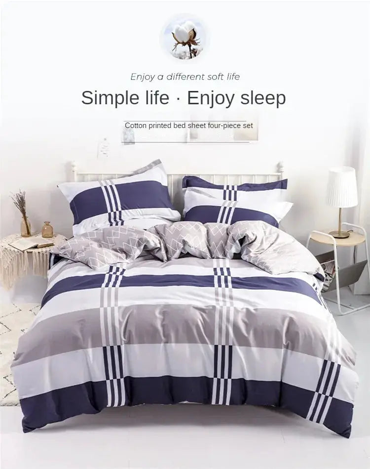 Simples Market 3-piece cotton duvet cover set with navy and gray striped pattern; includes 1 duvet cover and 2 pillowcases.