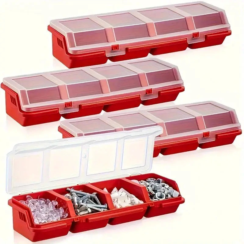 Three red plastic multi-compartment hardware organizer boxes with clear lids for screws and small parts
