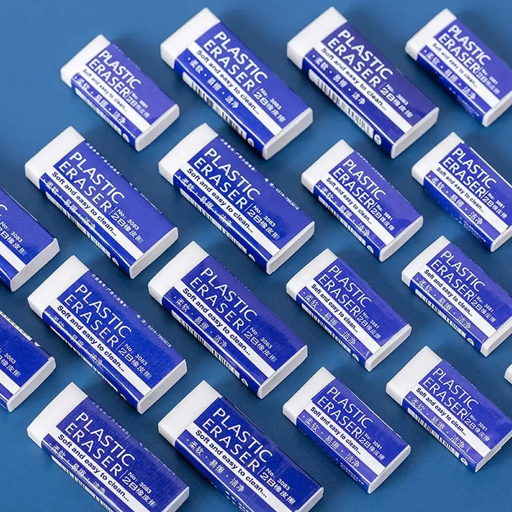 Plastic erasers in blue and white wrappers; multiple units.
