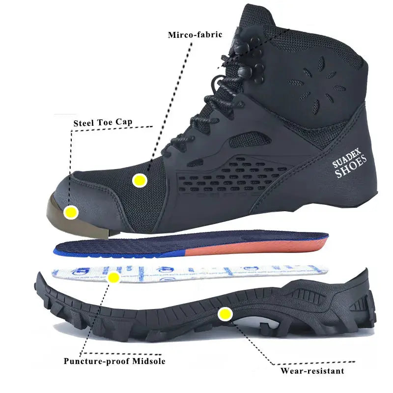 SUADEX S1 safety boots in black with steel toe cap, anti-slip sole, puncture-proof midsole (EUR 37-48) Simples Market