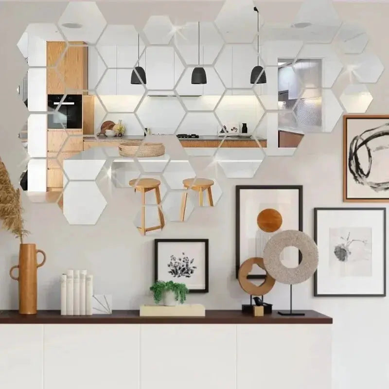 Hexagon acrylic mirror wall stickers set (5pcs) by Simples Market; removable DIY decor.