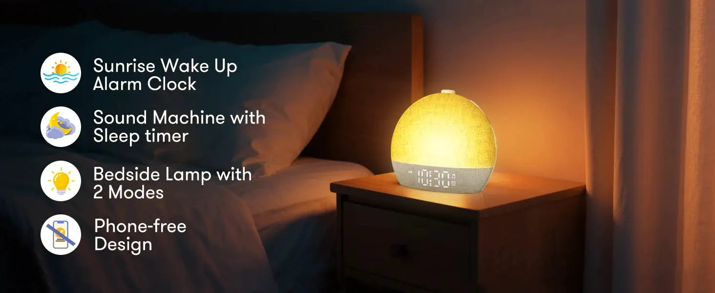 Wake Up Light alarm clock with white noise, dimmable RGB night lights, and bedside lamp on a nightstand