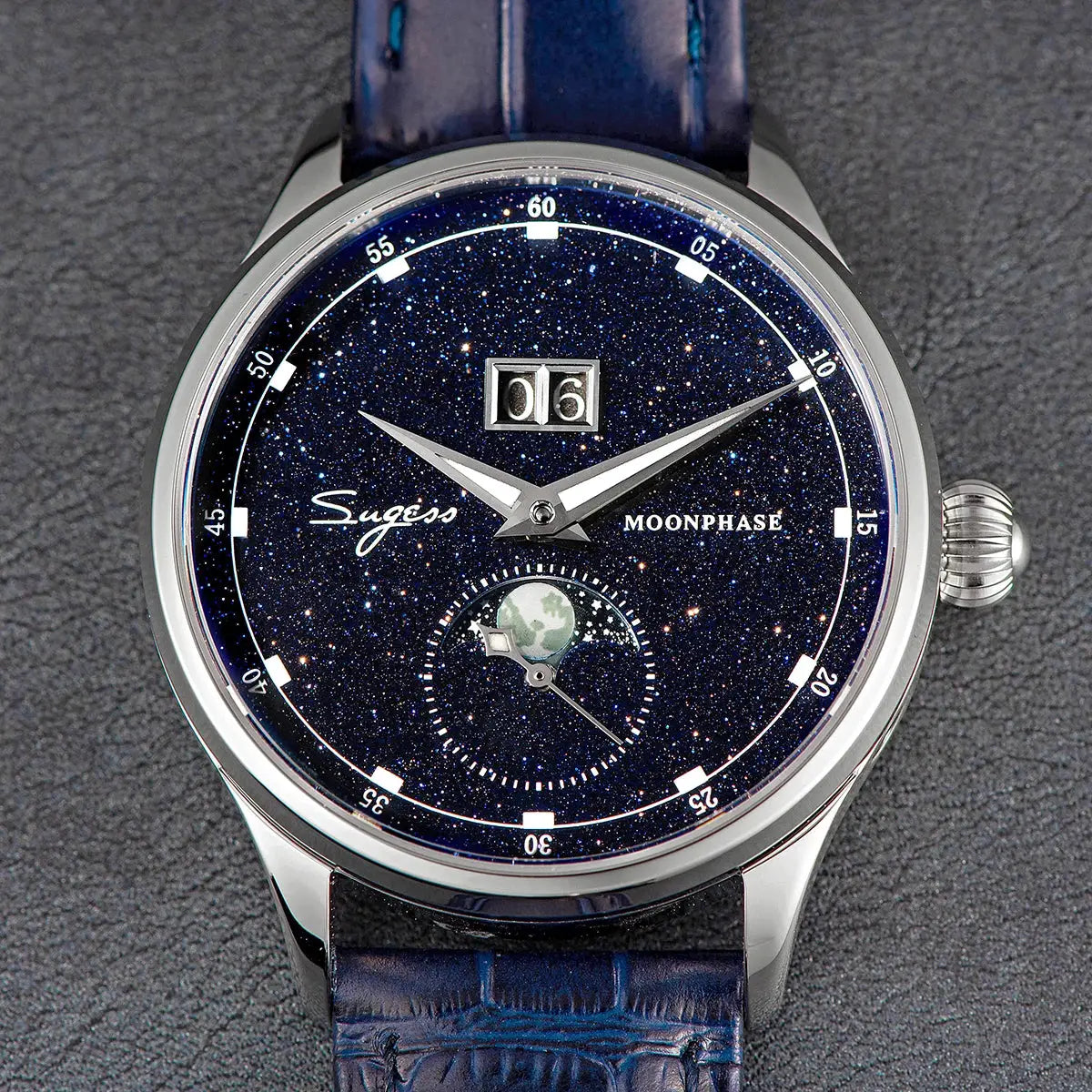 Sugess Moonphase men's 40mm stainless steel automatic watch with starry dial, moonphase subdial and leather strap.