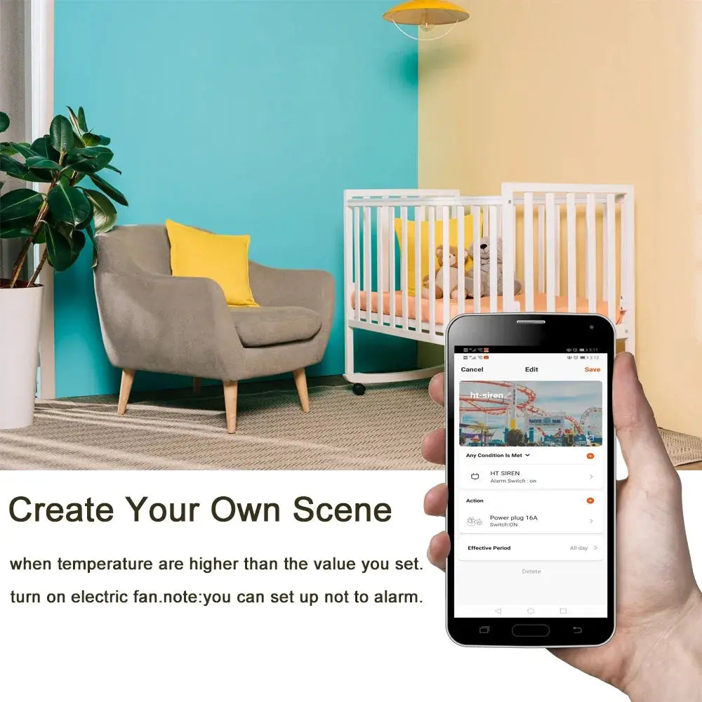 Simples Market Smart Tuya WiFi Siren Alarm with Temperature Humidity Sensor; triggers sound and light via app.
