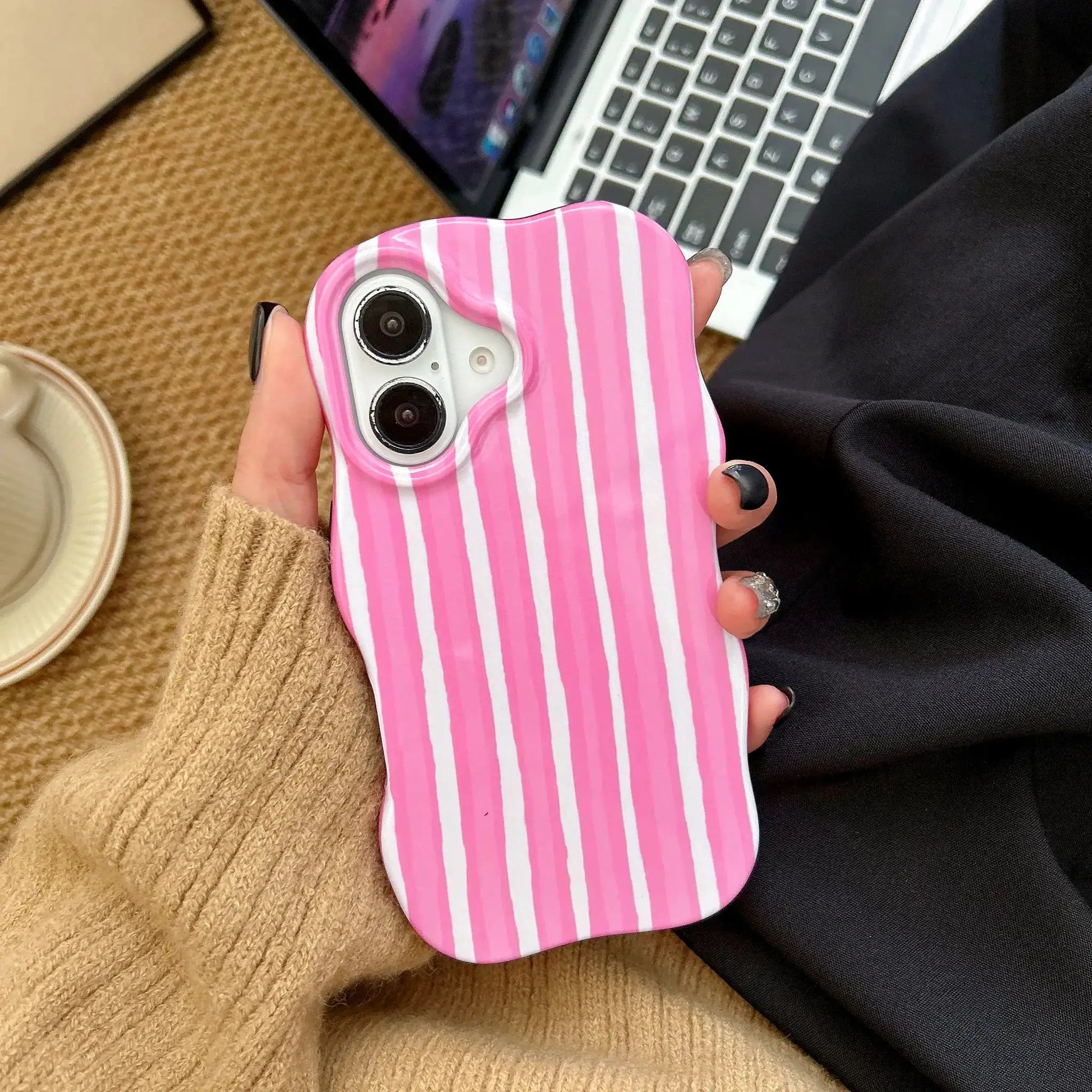 Fashion 2 In 1 Glossy Stripes Phone Case For iPhone 13 14 15 16 Pro Max With Wave Edges And Slim Hard Back Cover