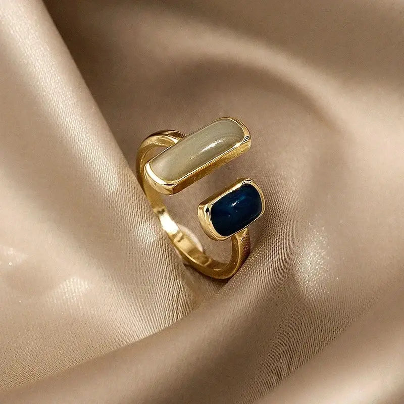 Adjustable Colorful Drip Glaze Ring for Women Retro Geometric Gold Tone Metal Jewelry Wedding Gift