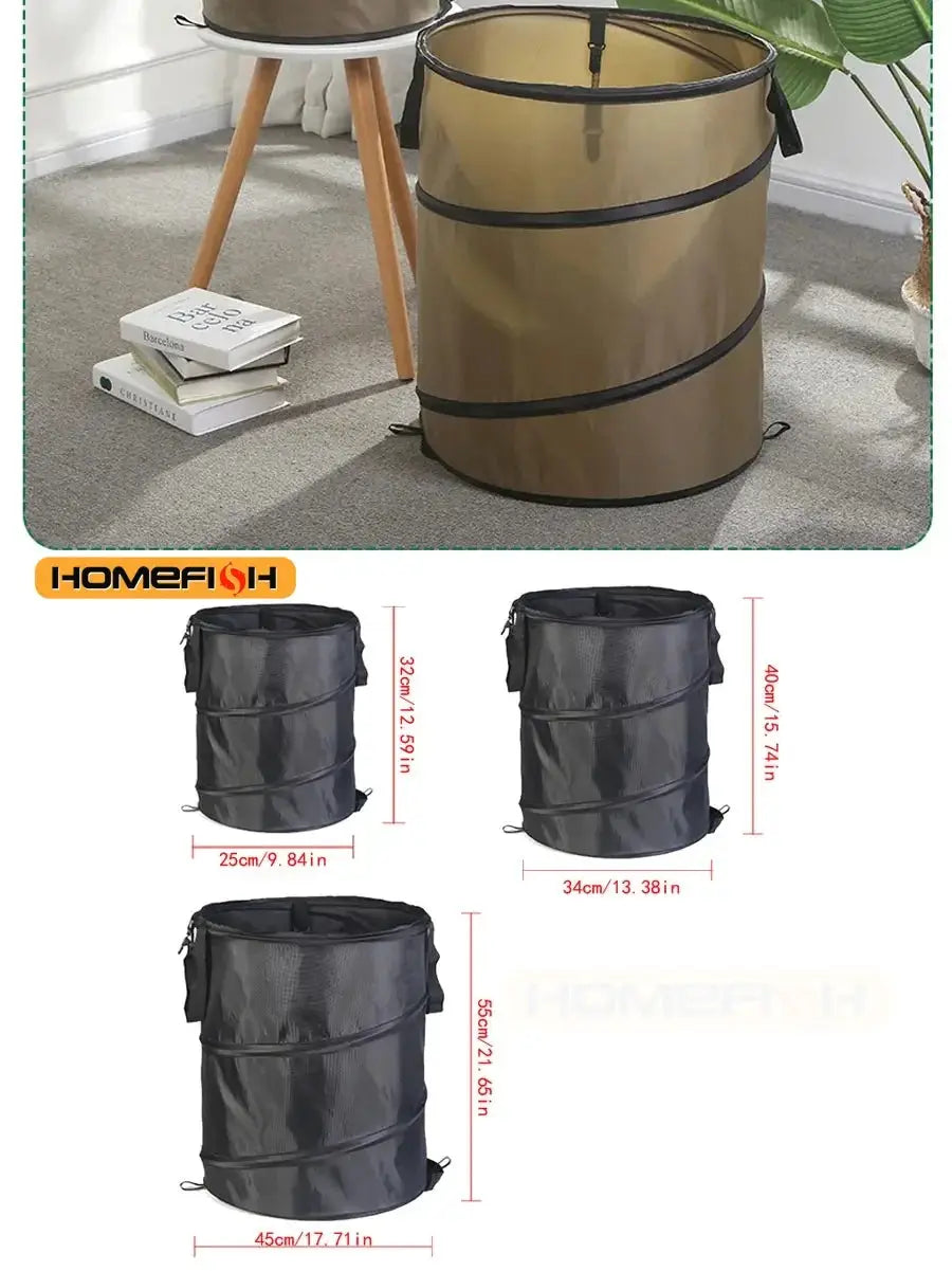 Pop-up trash cans by Simples Market, tan outdoor camping bin and 3 black foldable bins in varying sizes