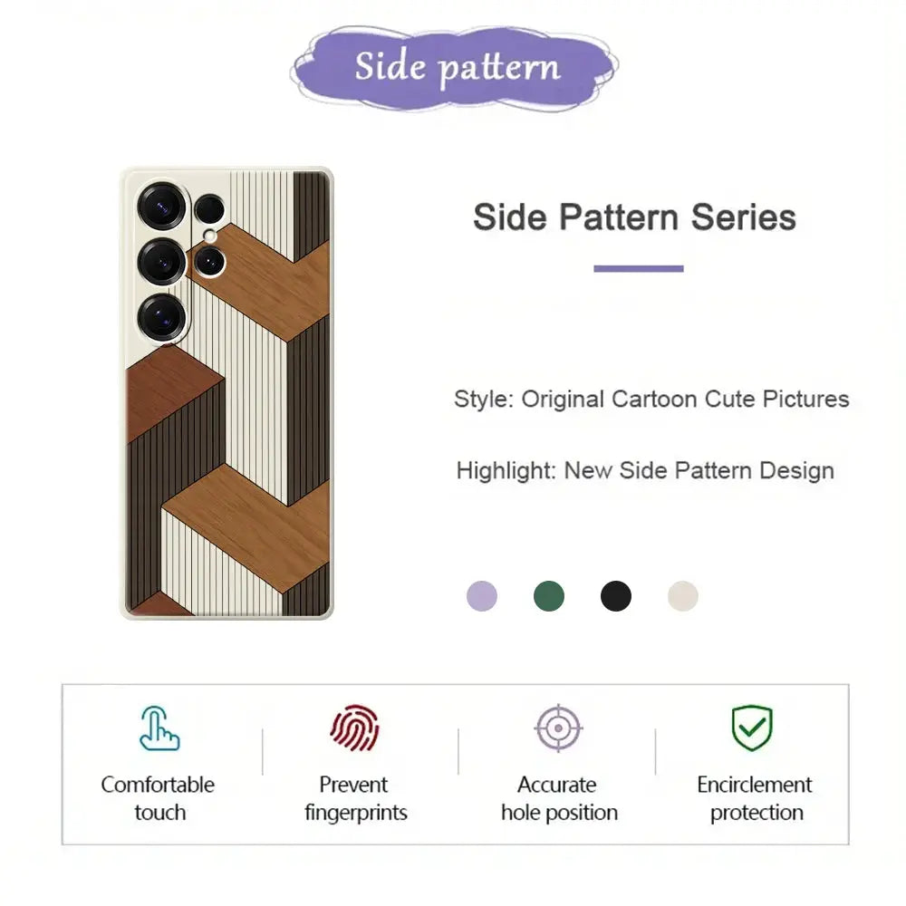 Simples Market geometric wooden-pattern silicone phone case for Samsung Galaxy S26 Ultra/S26 Plus; side pattern design.