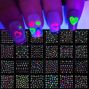Simples Market 30-sheet glow-in-the-dark neon nail stickers set with butterfly and heart designs, glossy self-adhesive.