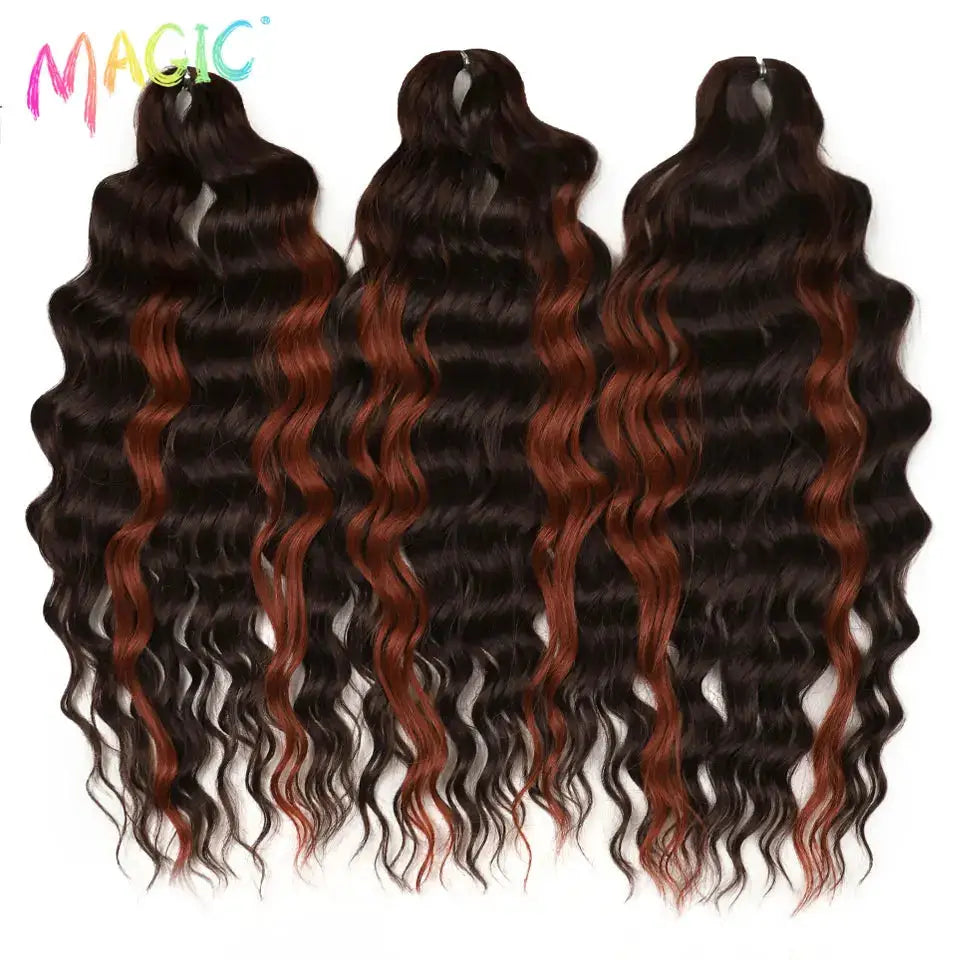 Anna synthetic hair 24in water-wave braiding extensions in ombre blonde with copper-brown ends, 3 bundles
