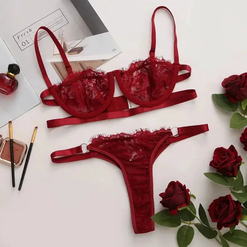 LaceLuxe Embroidered Sheer Lingerie Set With Push Up Bra And Brief For Seductive Curves